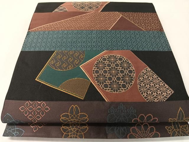 平和屋着物●六通柄袋帯　横段吉祥花文　黒地　正絹　逸品　CABJ7526vp 23,725円