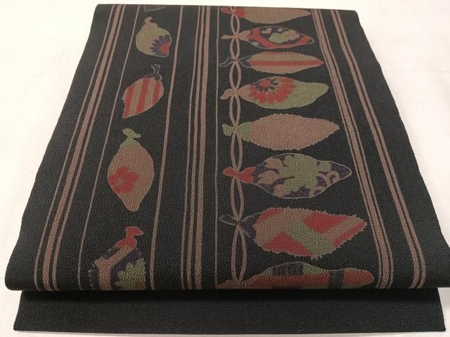 平和屋着物●九寸開き名古屋帯　成り物　黒地　鬼しぼ縮緬　正絹　逸品　CABK4412vp