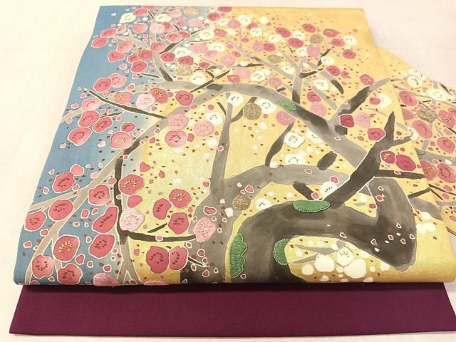 平和屋着物●中国三大刺繍　相良刺繍　駒刺繍　九寸名古屋帯　枝梅文　金彩　正絹　逸品　CABK4416vp