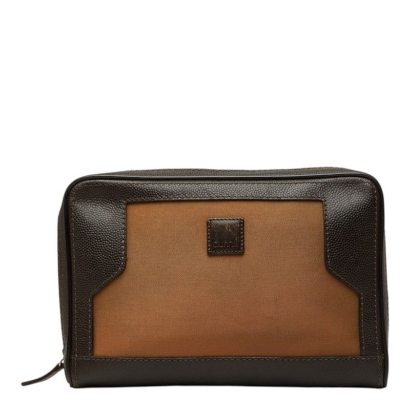 ダンヒル ロゴ セカンドバッグ クラッチバッグ ブラウン レザー キャンバス レディース Dunhill【234-87478】