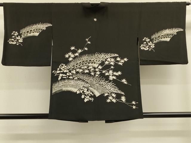 平和屋着物＃羽織　ろうけつ染め　籬枝葉文　黒地　正絹　逸品　CABK3327in