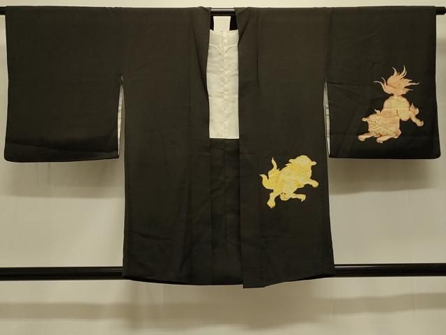 平和屋着物＃羽織　刺繍　唐獅子　黒地　正絹　逸品　CABK3382in