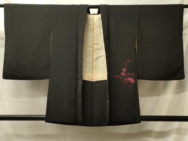 平和屋着物＃羽織　総刺繍　草花文　黒地　正絹　逸品　CABK3418in