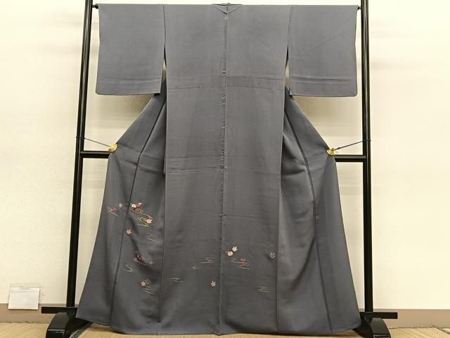平和屋着物▽訪問着　単衣　総刺繍　竜田川花文　金糸　正絹　逸品　BAAY4508hv