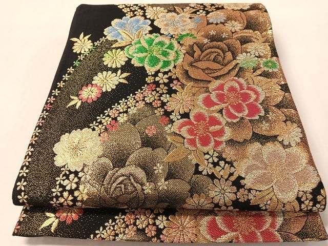 平和屋着物●六通柄袋帯　舞花文　黒地　金銀糸　正絹　逸品　CABL6285vp