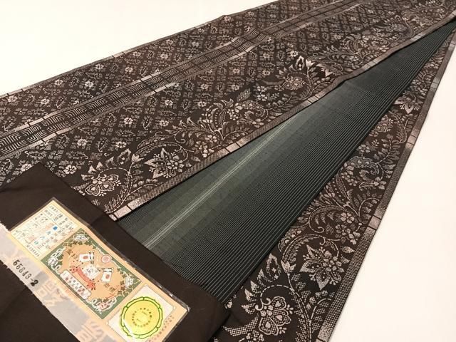 平和屋着物●両面　全通柄袋帯　本場縞大島紬地　福永織物謹製　花唐草間道　銀彩　証紙付き　正絹　逸品　未使用　CABL6296vp 20,020円