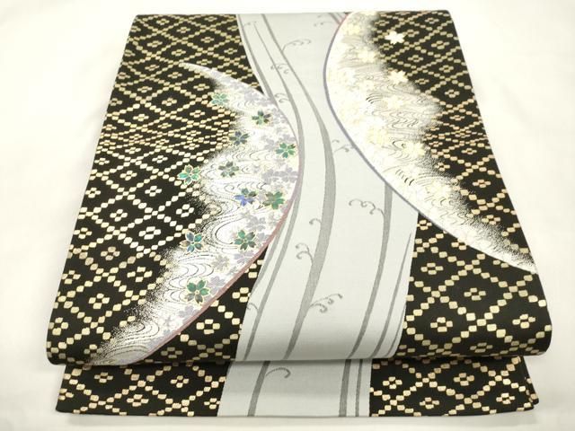 平和屋着物●袋帯　螺鈿　流水花文　黒地　金彩　正絹　逸品　CABM0445dy