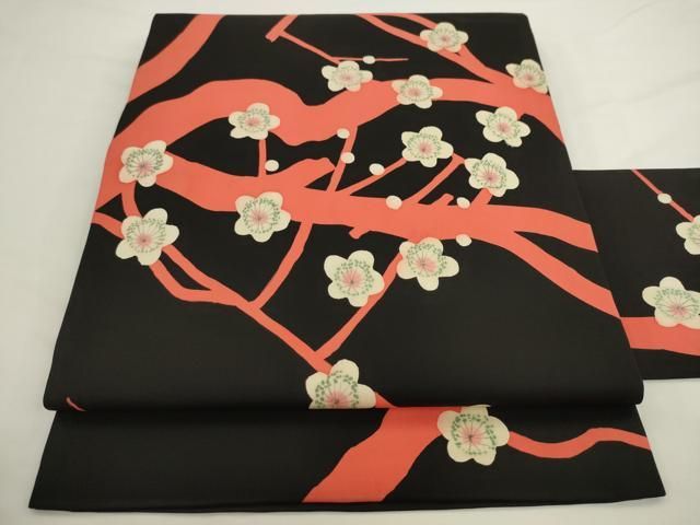 平和屋着物●塩瀬 九寸名古屋帯 枝桜 黒地 正絹 逸品 AABL2485pf
