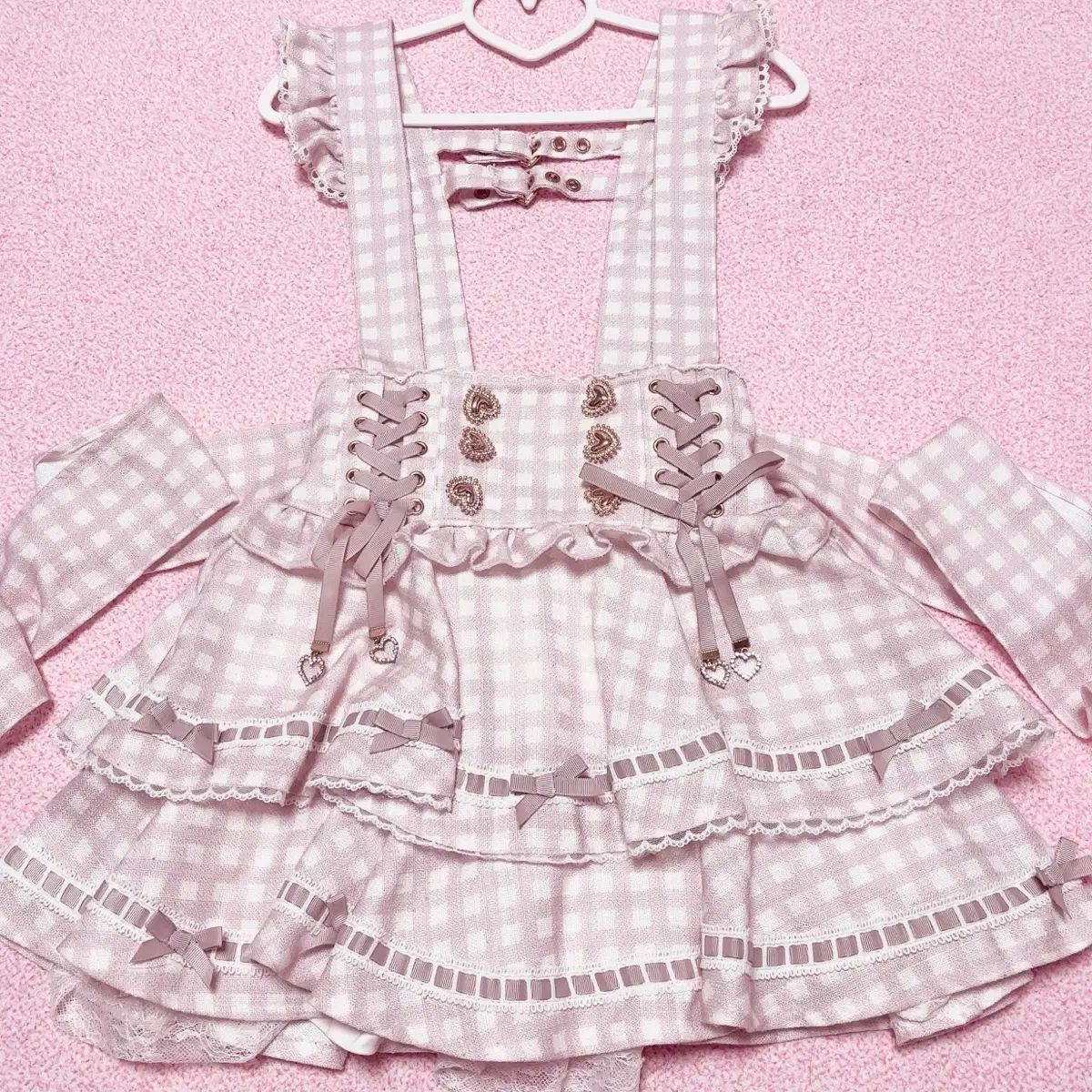 LIZ LISA ギンガム サスペンダー パンダ 新バージョン ピンク セットアップ ブラウス スカート 量産型地雷系