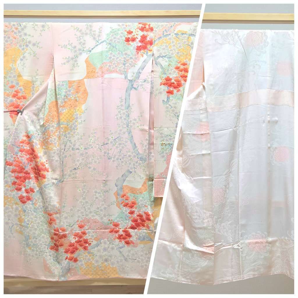 C◆着物くつろぎ 振袖・襦袢セット 高島屋扱い 梅の花模様 金駒刺繍 金彩 薄ピンク色 七宝 のりチラシ 袷 正絹 振袖 着物