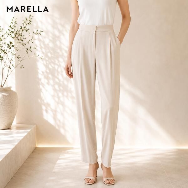 80%OFF 新品 マレーラ MARELLA パンツ 38 EPT1243 Sサイズ ベージュ レディース シルクパンツ タック入り ウエストゴム