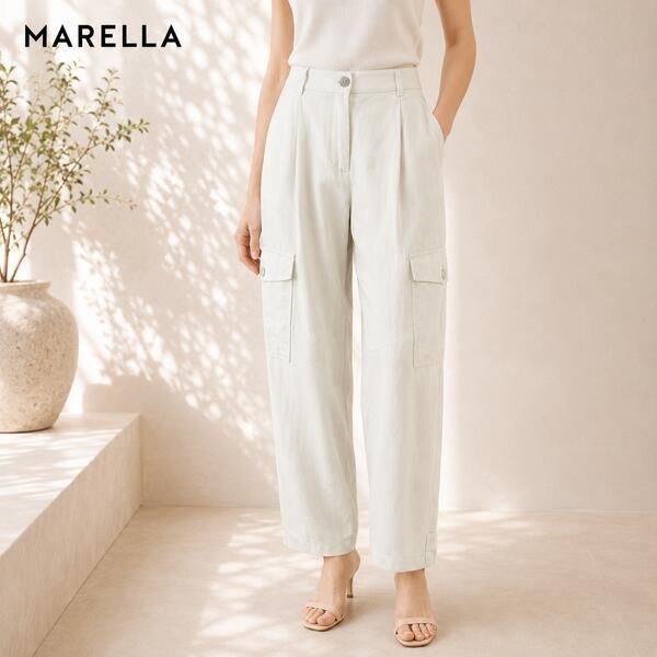 80%OFF 新品 マレーラ MARELLA パンツ 40 EPT1248 Mサイズ オフベージュ レディース カーゴパンツ リネン タック入り