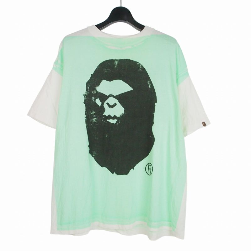 セントマイケル SAINTMICHAEL × アベイシングエイプ A BATHING APE 25AW BAPE_SS TEE / HANDPRINT Tシャツ カットソー 半袖 L ホワイト グリーン 白 緑 SM-HR1-0000-C34