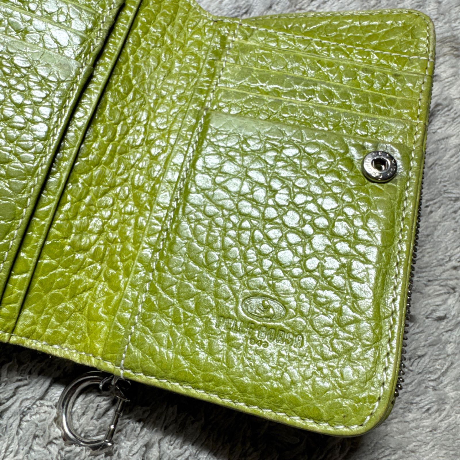 PELLE BORSA ペレボルサ 二つ折り財布 L字ファスナー シボ革 グリーン