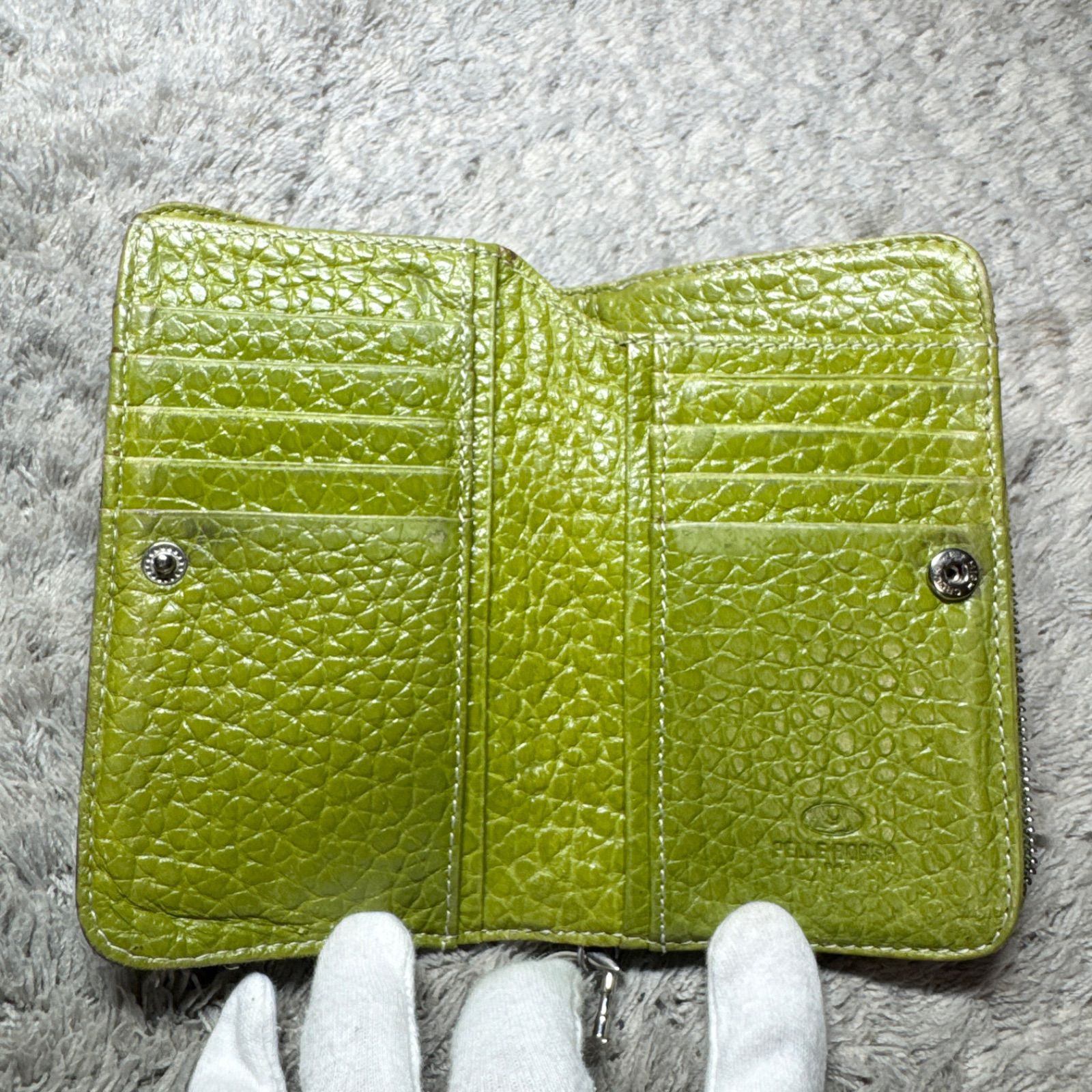 新品未使用PELLE BORSA二つ折り財布 L字ファスナー牛革 ブルーグリーン PELLE BORSA ペレボルサ 二つ折り財布 L字ファスナー シボ革 グリーン