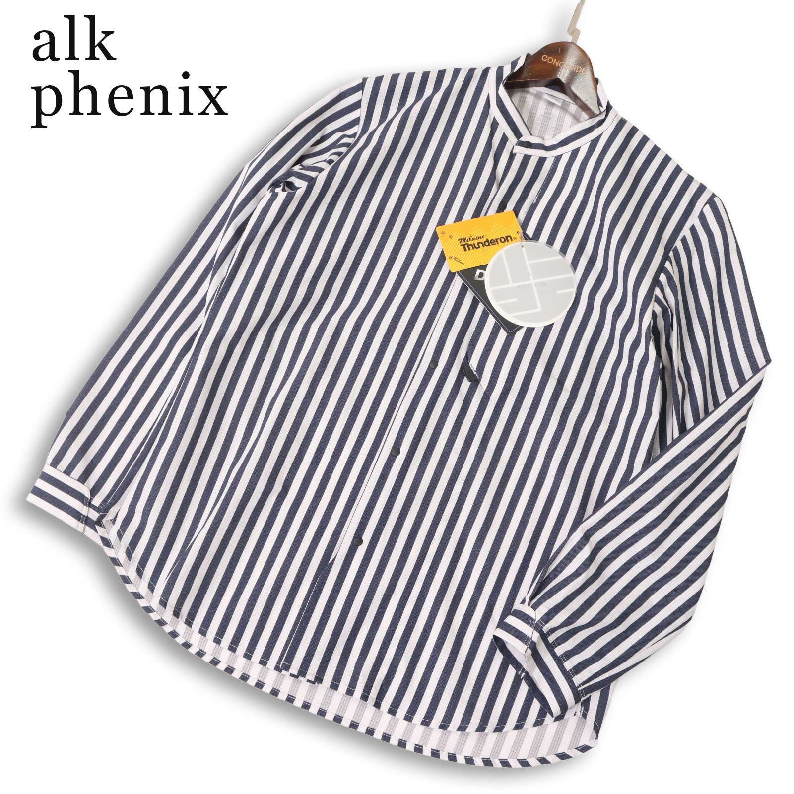 【新品 未使用】 alk phenix アルク フェニックス 通年 除電★DRY SPHERE 長袖 ストライプ バンドカラー シャツ Sz.L メンズ
