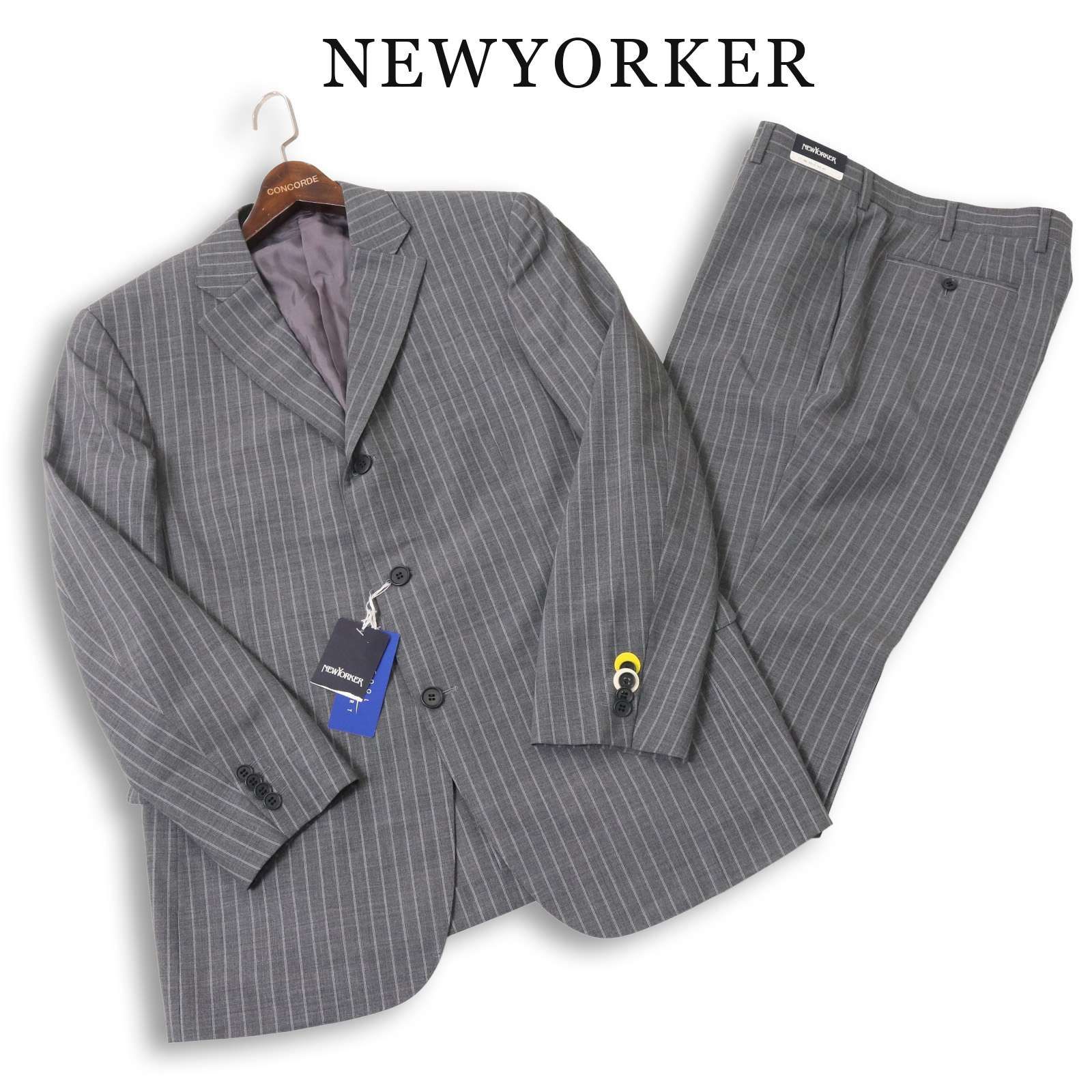 【新品 未使用】 NEWYORKER ニューヨーカー 春夏 背抜き★ ストライプ 3B セットアップ スーツ Sz.AB7 メンズ 灰 ビジネス