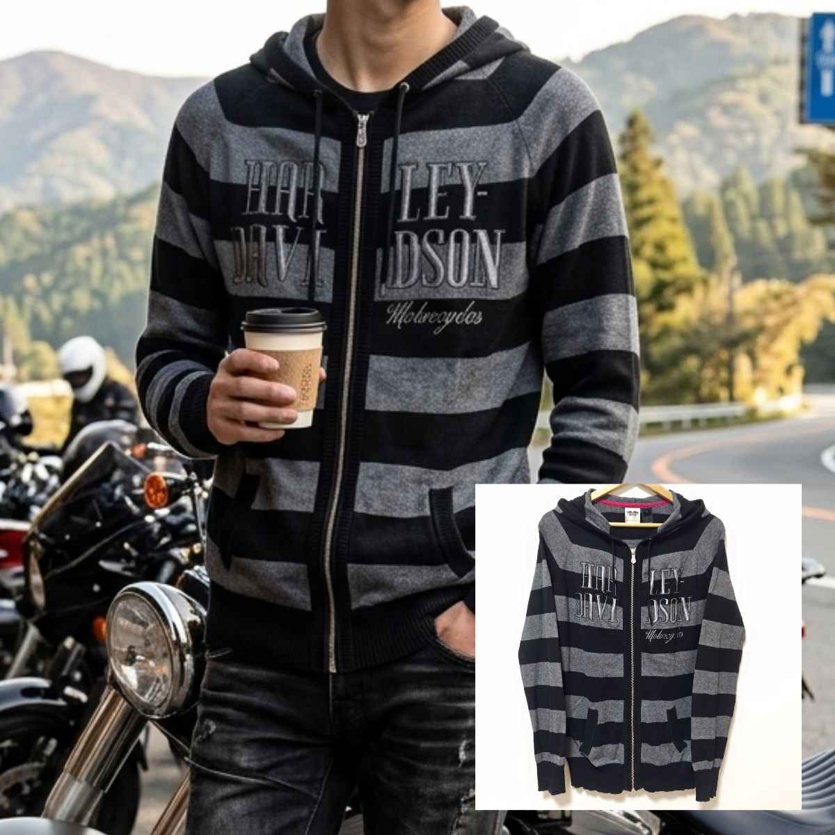 00s ビンテージ オールドアイテム◎【HERLEY DAVIDSON】ハーレーダビッドソン パーカー ボーダー スウェット フーディー フルジップ バイカー バイク ツーリング アメカジ 古着コーデ 3シーズン グレー メンズ L /M50396ji