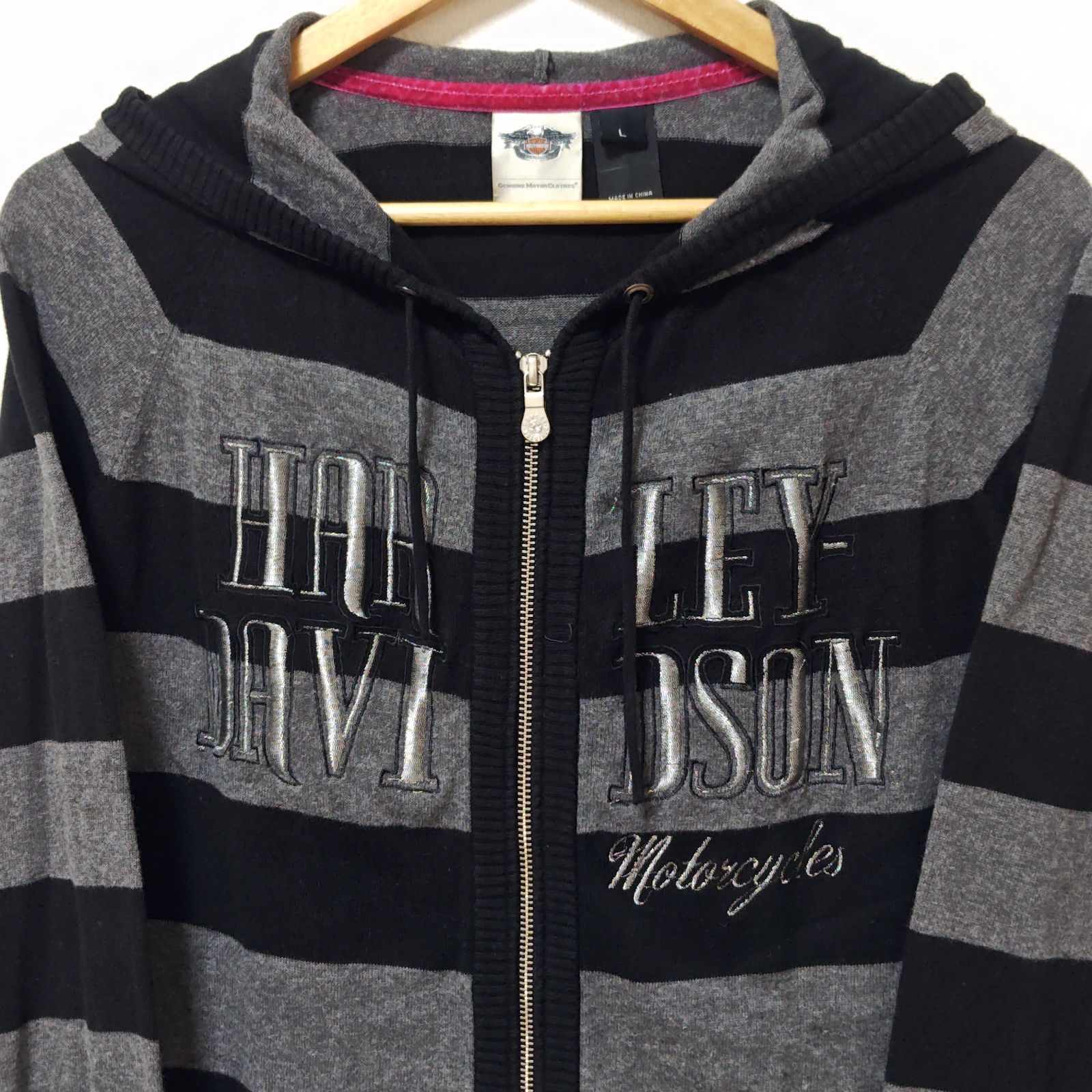 00s ビンテージ オールドアイテム◎【HERLEY DAVIDSON】ハーレーダビッドソン パーカー ボーダー スウェット フーディー フルジップ バイカー バイク ツーリング アメカジ 古着コーデ 3シーズン グレー メンズ L /M50396ji