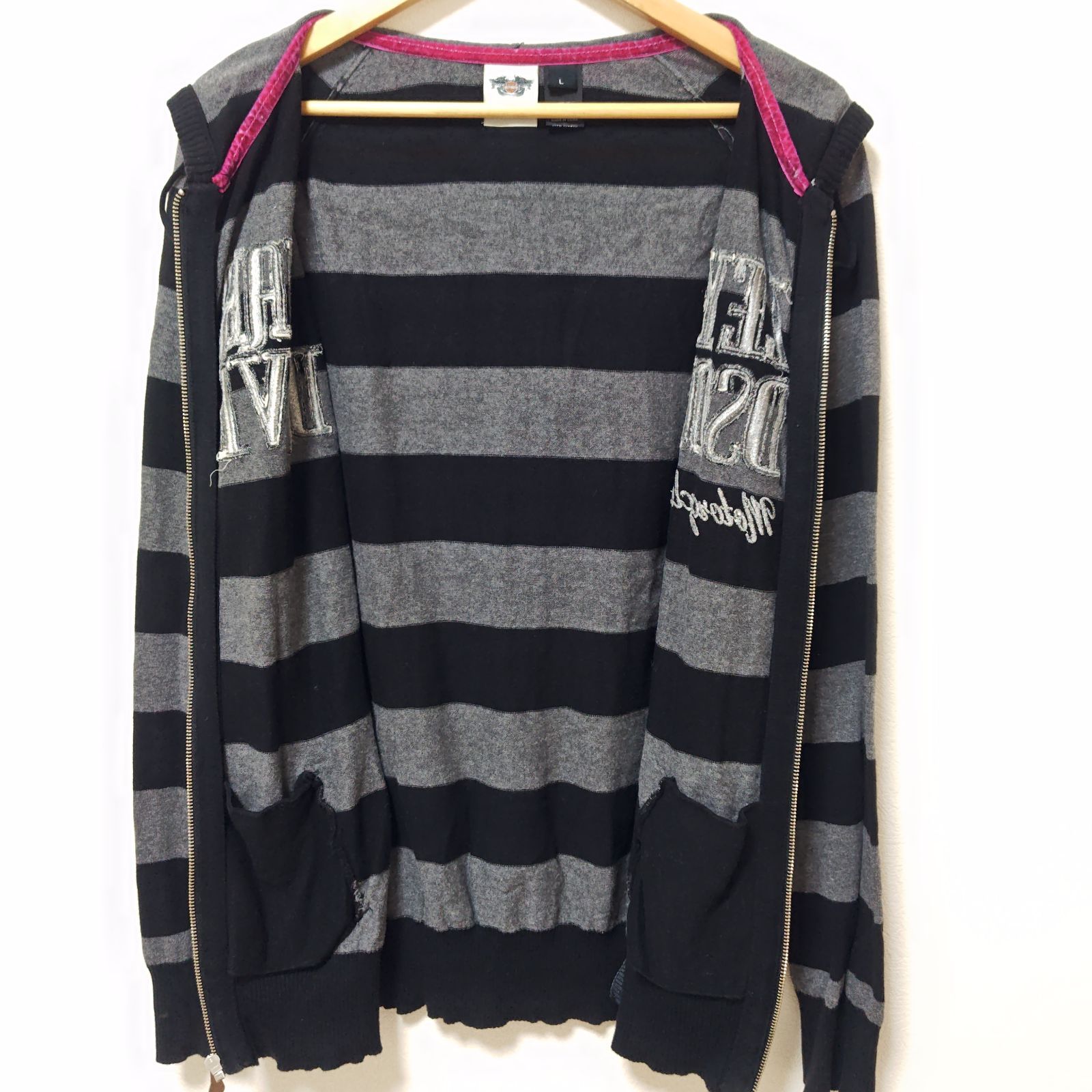 00s ビンテージ オールドアイテム◎【HERLEY DAVIDSON】ハーレーダビッドソン パーカー ボーダー スウェット フーディー フルジップ バイカー バイク ツーリング アメカジ 古着コーデ 3シーズン グレー メンズ L /M50396ji