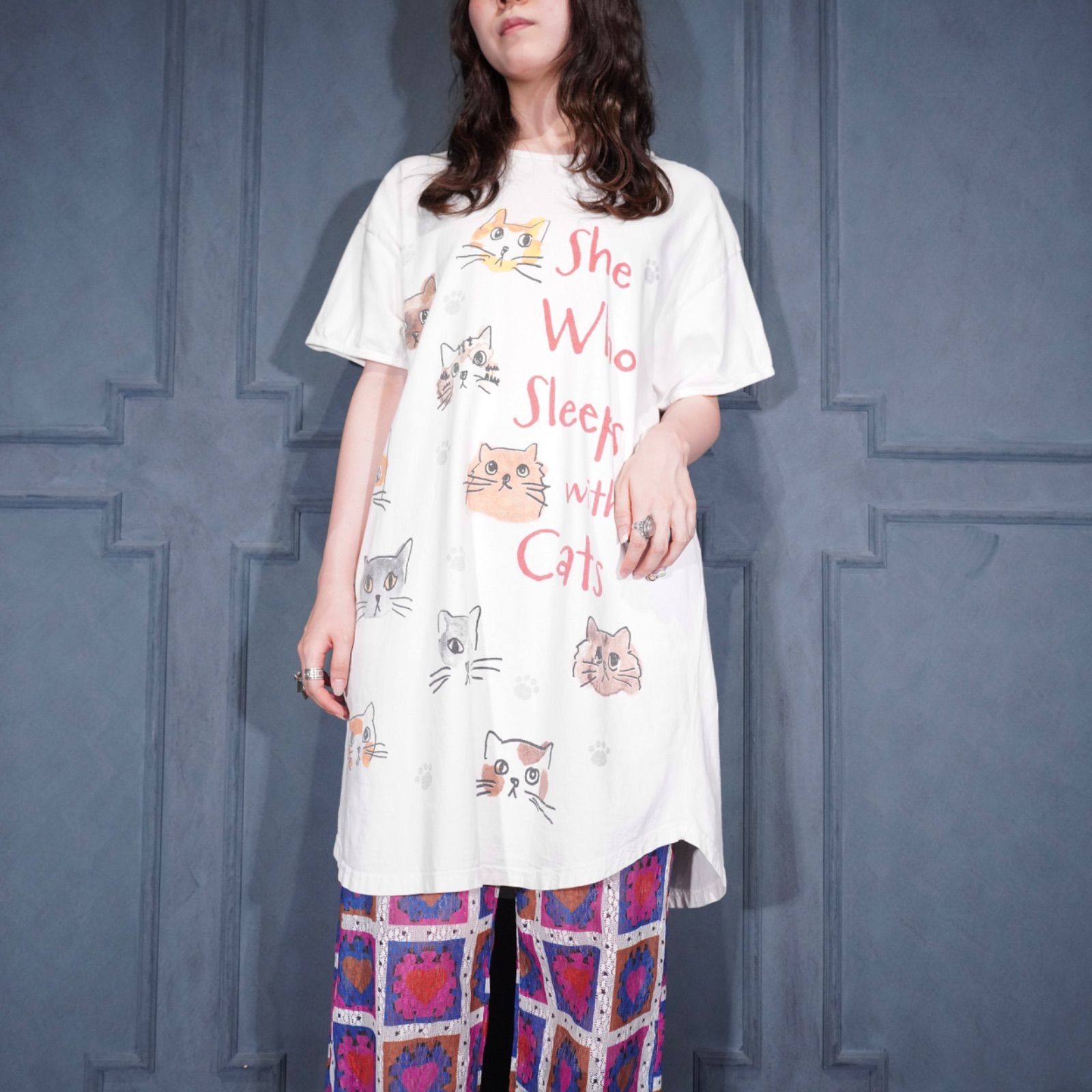 USA VINTAGE CAT FACE PRINT DEISIGN T SHIRT ONE PIECE/アメリカ古着にゃんこフェイスプリントデザインTシャツワンピース