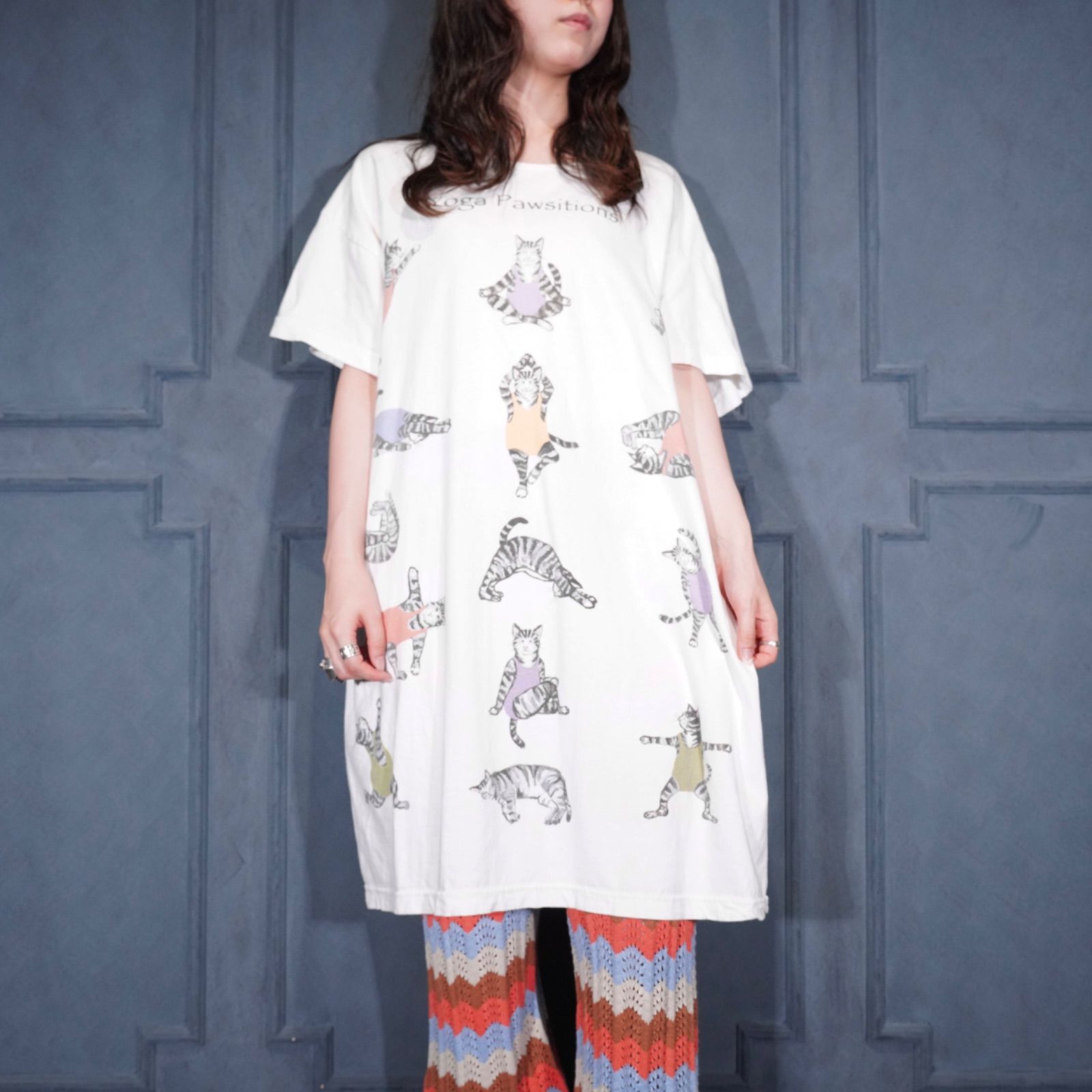 USA VINTAGE Hatley YOGA CAT PRINT DESIGN T SHIRT ONE PIECE/アメリカ古着ヨガにゃんこプリントデザインTシャツワンピース