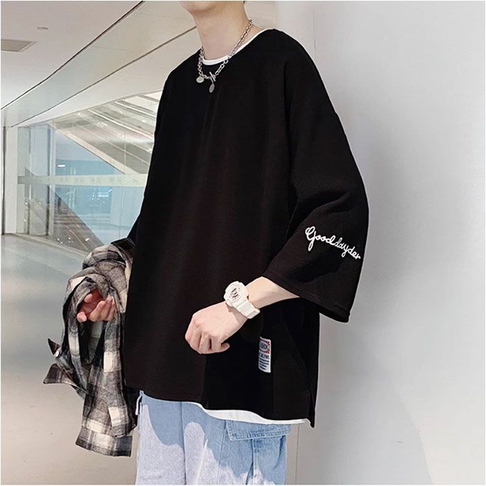 ☆ ブラック ☆ Lサイズ ☆ 五分袖Tシャツ メンズ ビッグ メンズ Tシャツ ビッグシルエット トップス 無地 おしゃれ 大きめ ゆったり ワンポイント カジュアル 春 夏 秋 大きいサイズ カットソー シンプル かっこいい オーバーサイズ thumbnail 7
