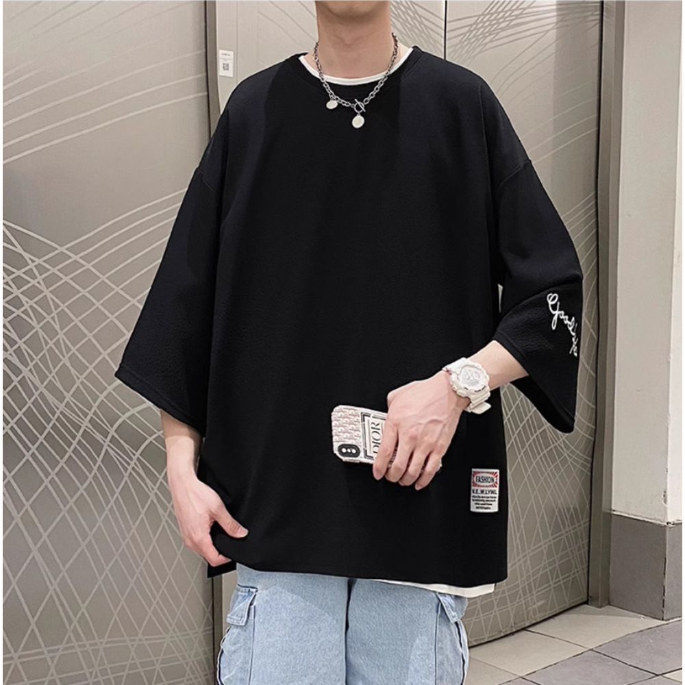 ☆ ブラック ☆ Lサイズ ☆ 五分袖Tシャツ メンズ ビッグ メンズ Tシャツ ビッグシルエット トップス 無地 おしゃれ 大きめ ゆったり ワンポイント カジュアル 春 夏 秋 大きいサイズ カットソー シンプル かっこいい オーバーサイズ — 1/10