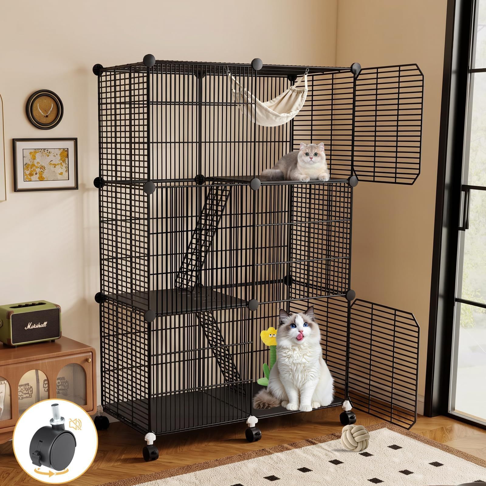 猫 ケージ キャスター付き 猫用ケージ 大型 3段 キャットケージスリム 室内用 70×45×113cm ブラック | 日本語説明書付き 通気性 掃除しやすい 脱走防止 飛散軽減 多頭飼い DIY組立 取り外し可能 Ju