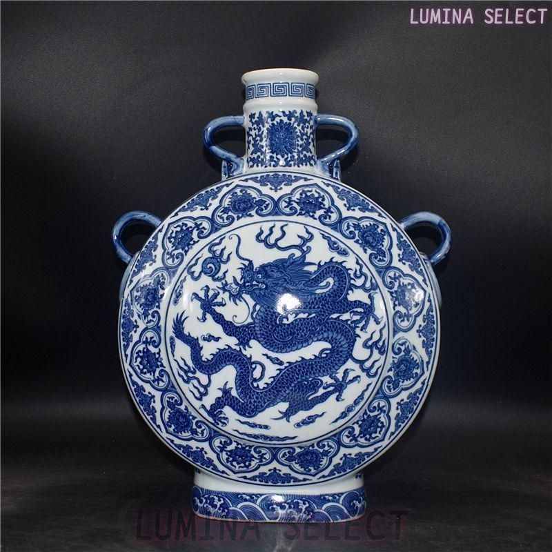 清乾隆青花開窓龍鳳呈祥福寿抱月瓶 景徳鎮 陶磁器 装飾品 現代工芸品美術品 置物 gyp820