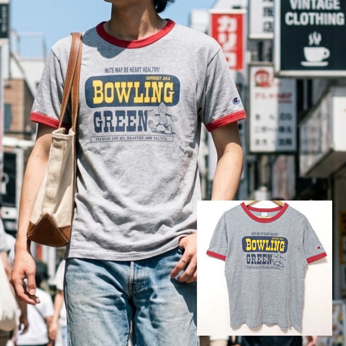 80年代復刻モデル ビンテージテイスト◎【Champion】チャンピオン リンガーTシャツ アメカジ 古着コーデ KENTUCKY U.S.A BOWLING ピーナッツプリント バイカー 男女 ユニセックス トリコタグ グレー メンズ M /M50397ji