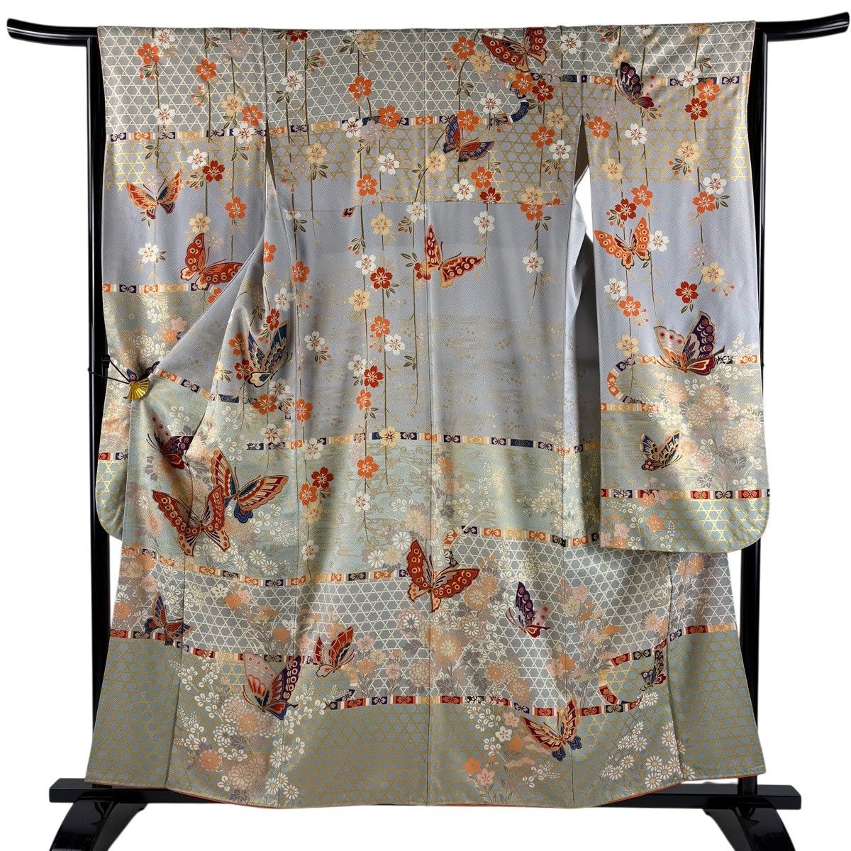 振袖 身丈158.5cm 裄丈64cm M 袷 蝶 籠目 金糸 金彩 灰色 正絹 秀品 【中古】