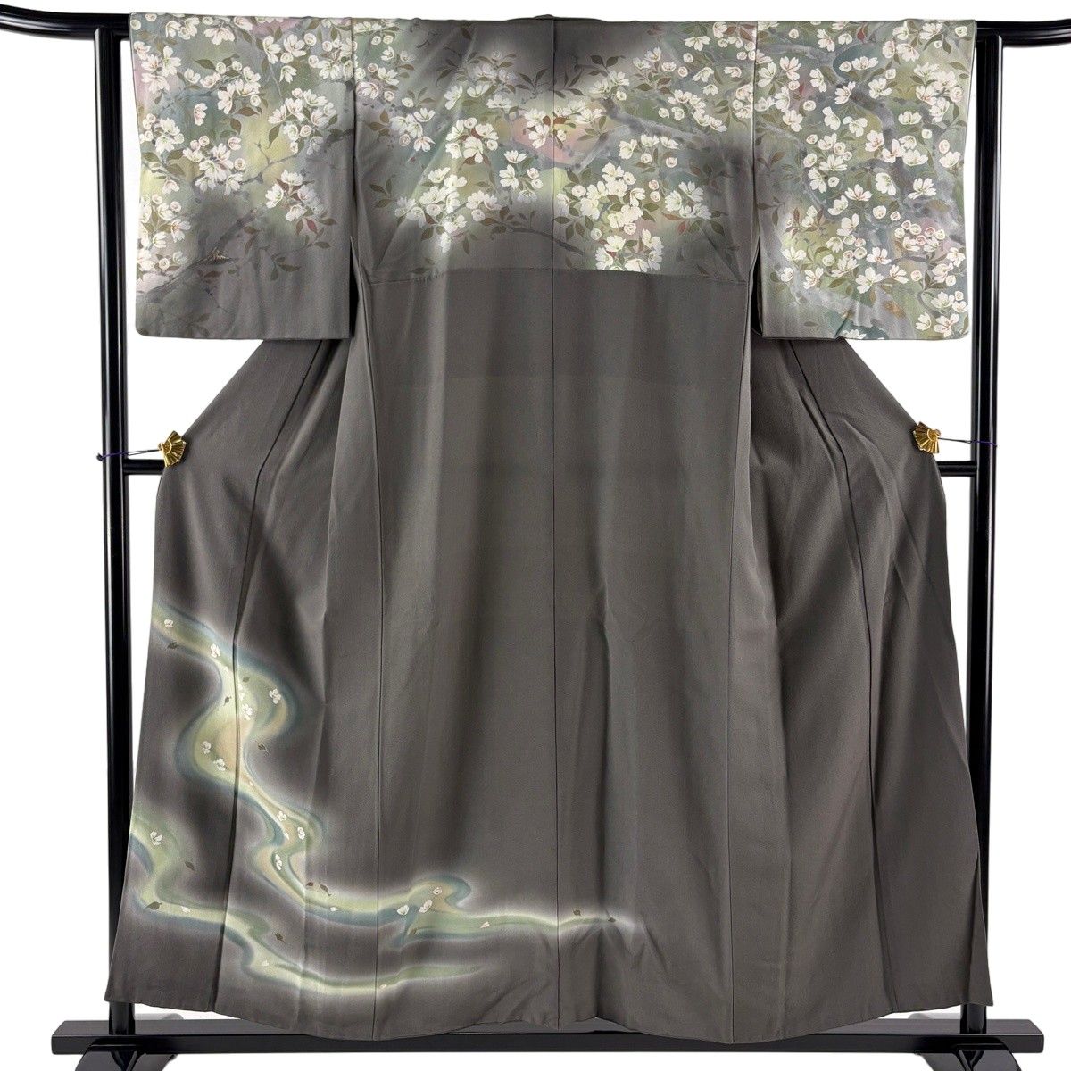訪問着 身丈155cm 裄丈62cm S 袷 桜 流水 金彩 ぼかし 灰緑 正絹 秀品 【中古】