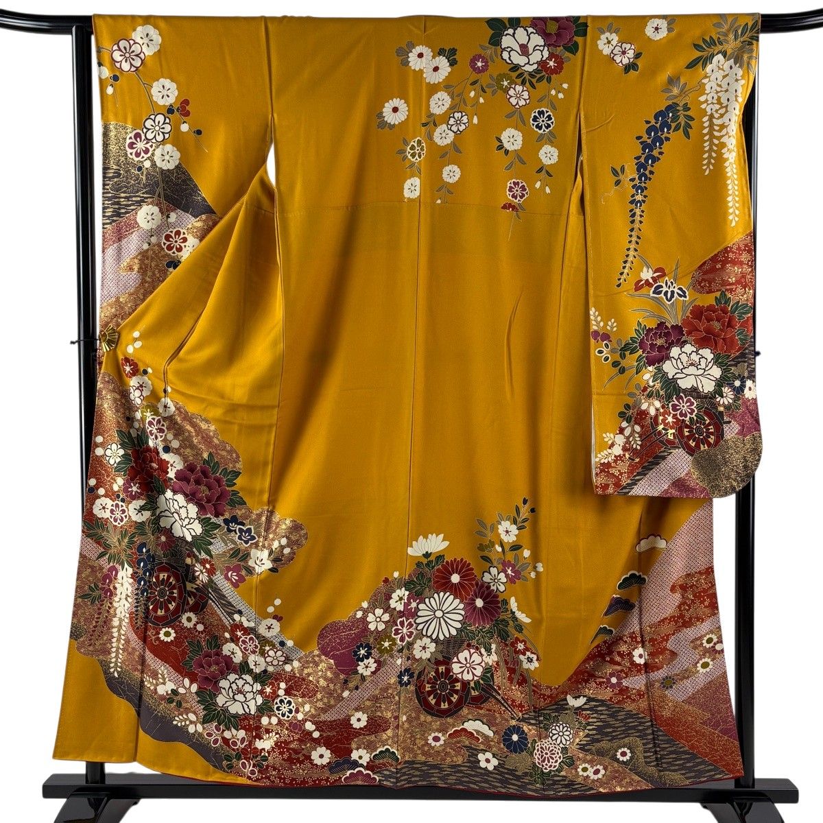 振袖 身丈157cm 裄丈65cm M 袷 花車 雲文 金彩 山吹色 正絹 秀品 【中古】