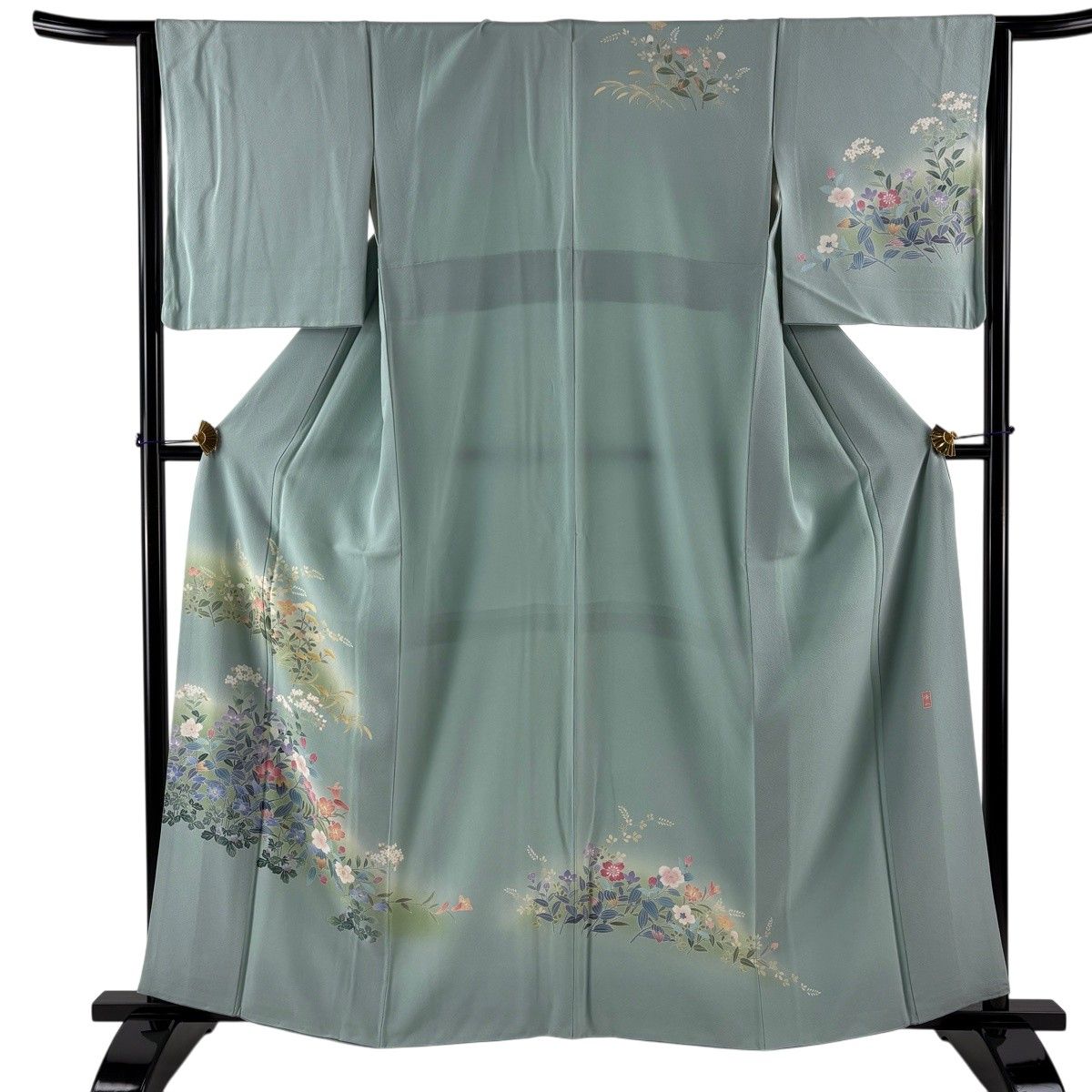 訪問着 身丈161cm 裄丈63.5cm S 袷 落款 草花 ぼかし 薄緑 正絹 秀品 【中古】 6,600円