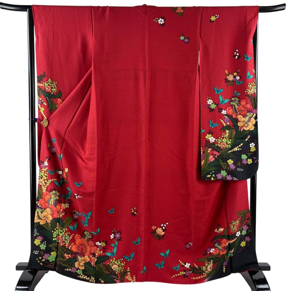 振袖 身丈164.5cm 裄丈65cm M 袷 蝶 草花 金彩 箔 赤 正絹 秀品 【中古】