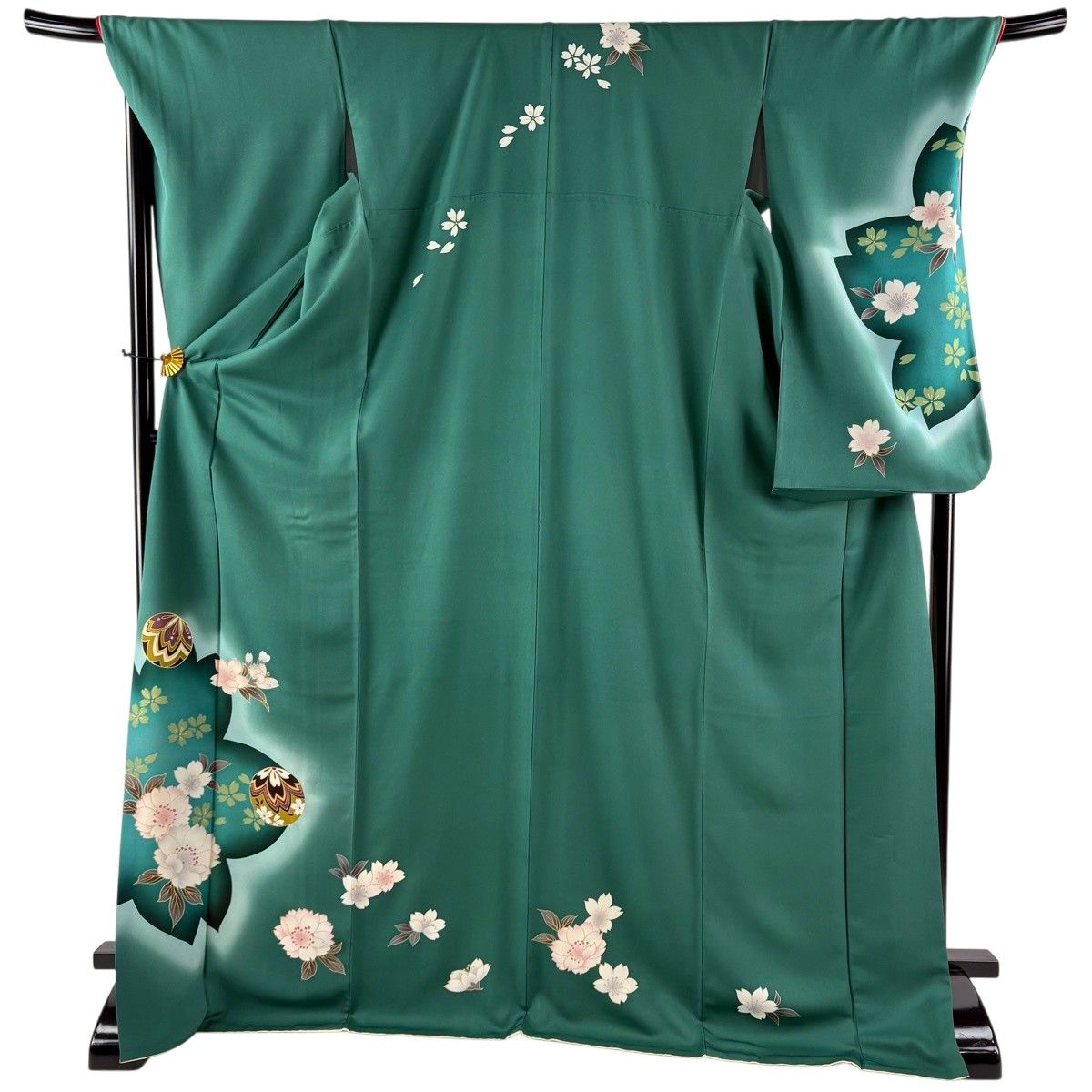 振袖 身丈176cm 裄丈72cm L 袷 二尺袖 桜 手鞠 金彩 ぼかし 緑 正絹 秀品 【中古】