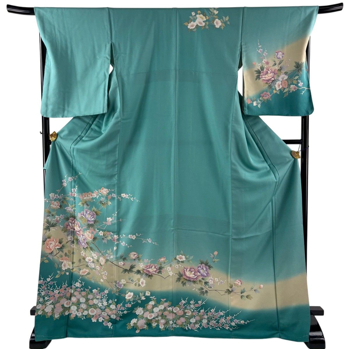 訪問着 身丈173cm 裄丈69.5cm L 袷 枝花 菊 染め分け ぼかし 青緑 正絹 秀品 【中古】