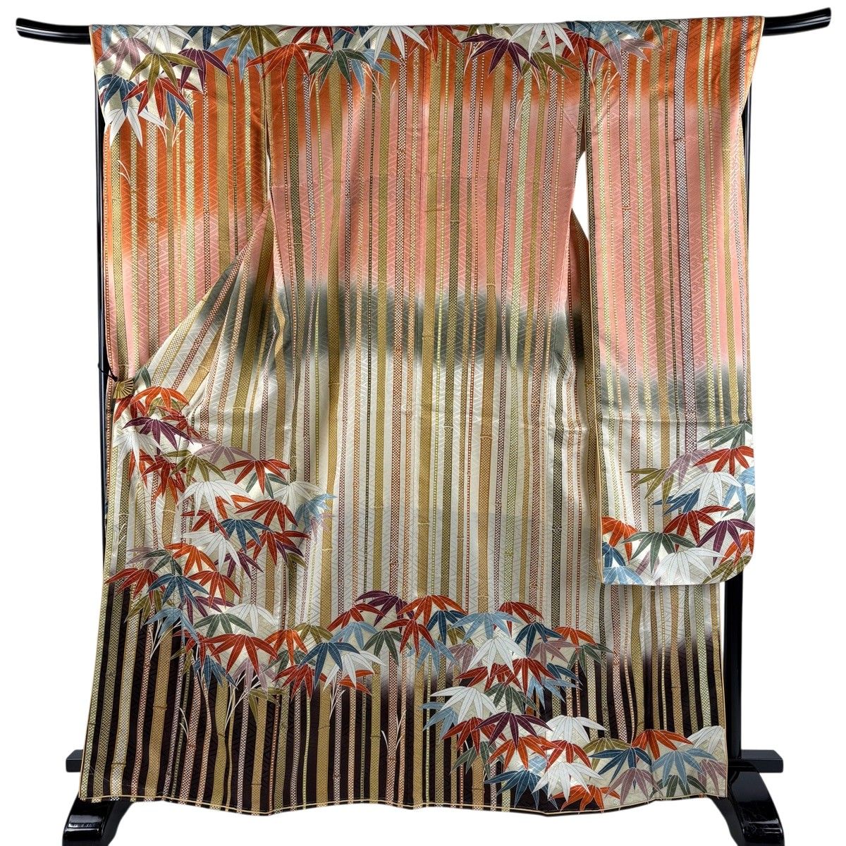 【美品】 振袖 身丈167.5cm 裄丈68.5cm L 袷 竹 地紋 金彩 染め分け クリーム 正絹 秀品 【中古】 9,086円