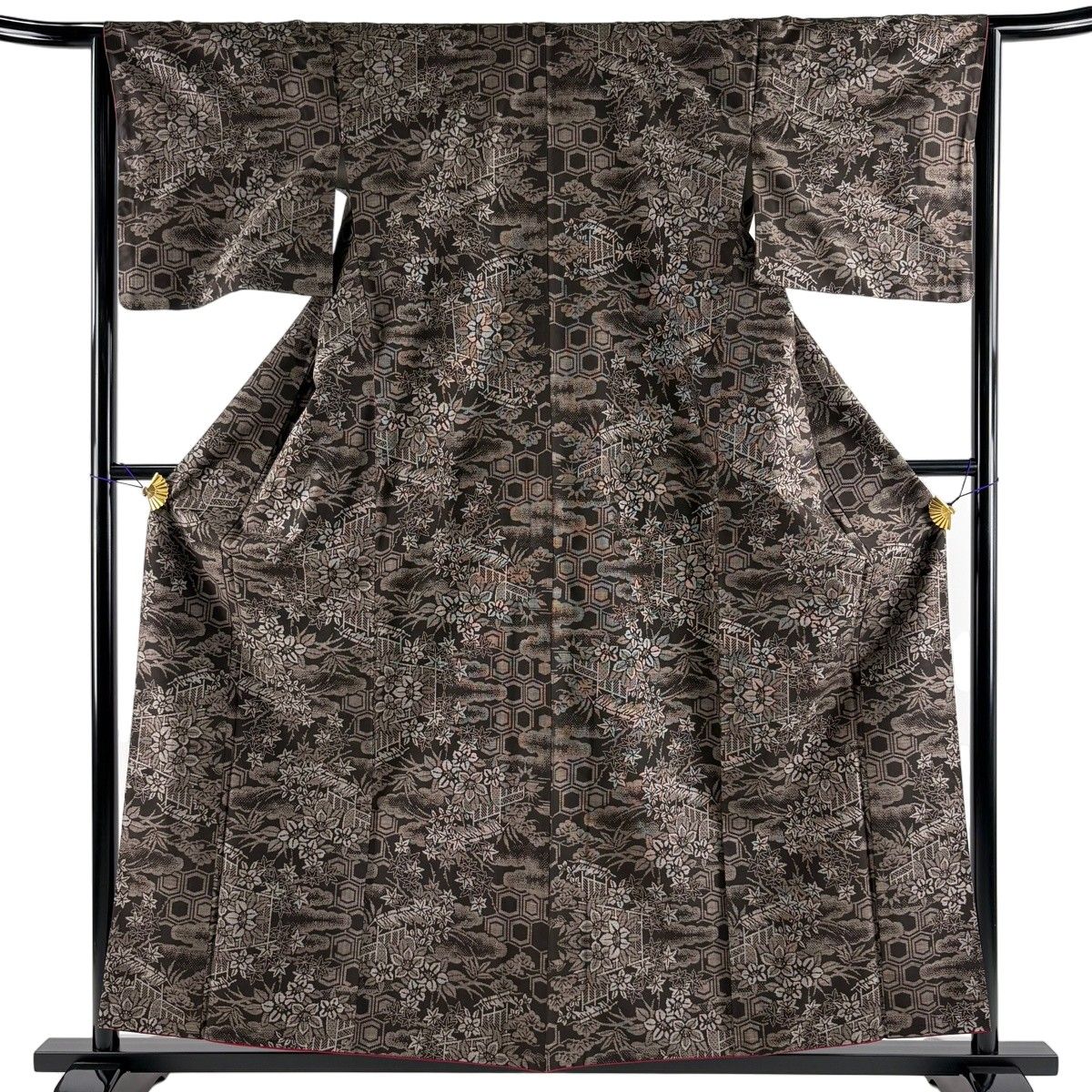【美品】 小紋 身丈158cm 裄丈65cm M 袷 草花 亀甲 焦茶色 正絹 秀品 【中古】 6,248円
