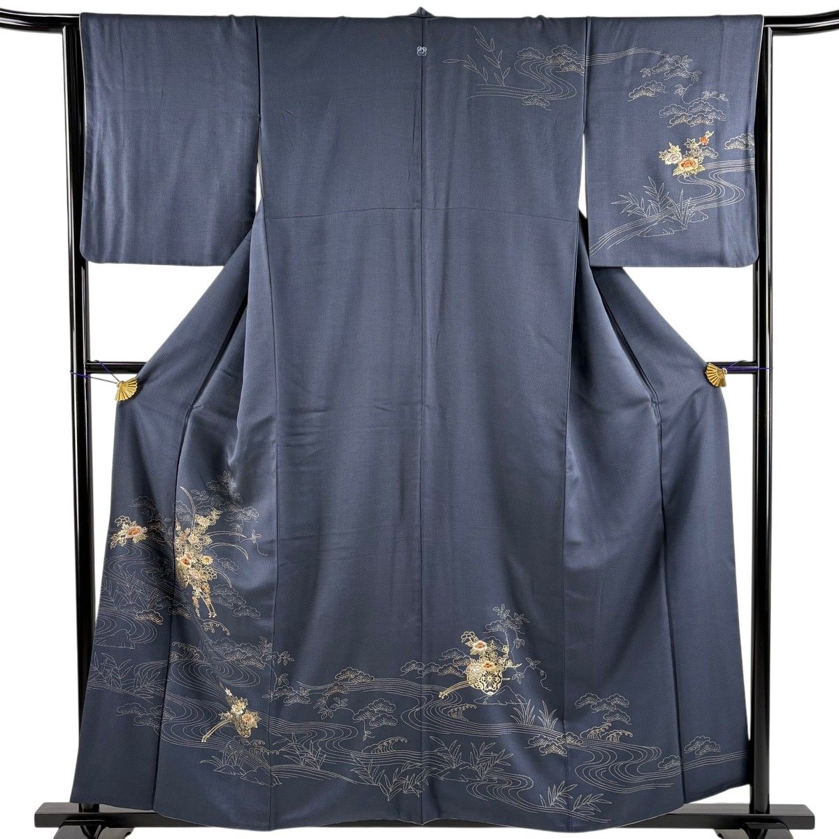 訪問着 身丈157cm 裄丈65.5cm M 袷 花車 流水 刺繍 金彩 紺色 正絹 秀品 一つ紋 【中古】