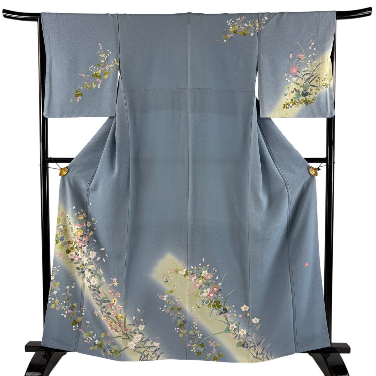 訪問着 身丈162.5cm 裄丈64.5cm M 袷 落款 枝花 草花 染め分け ぼかし 水色 正絹 秀品 【中古】