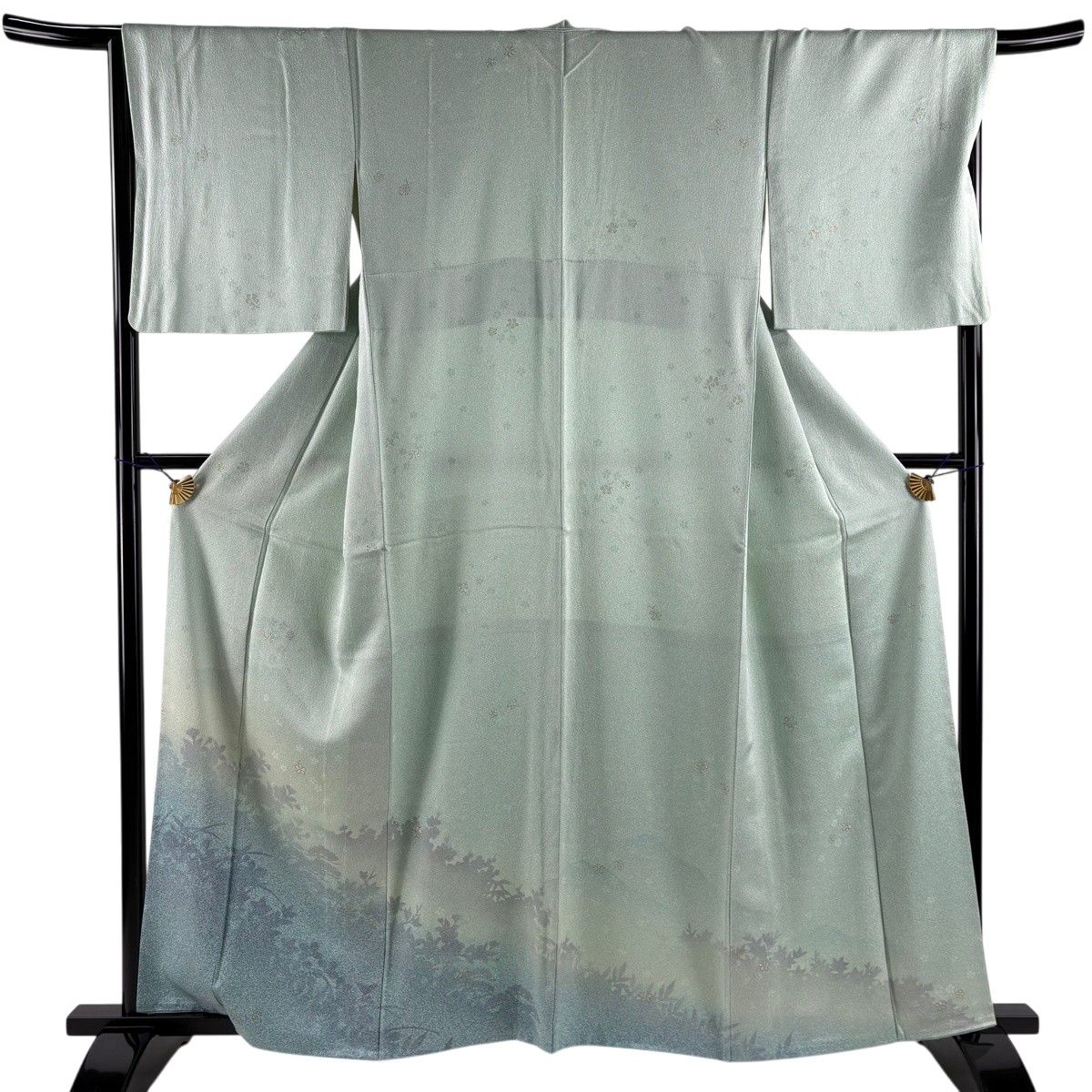 訪問着 身丈160cm 裄丈68cm L 袷 桜 シルエット柄 箔 ぼかし 薄緑 正絹 秀品 【中古】