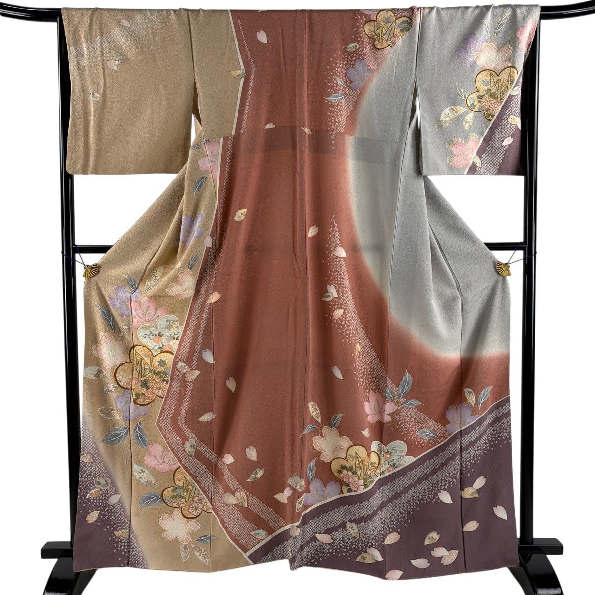 訪問着 身丈163cm 裄丈68cm L 袷 折り鶴 桜 金糸 金彩 薄茶色 正絹 秀品 【中古】