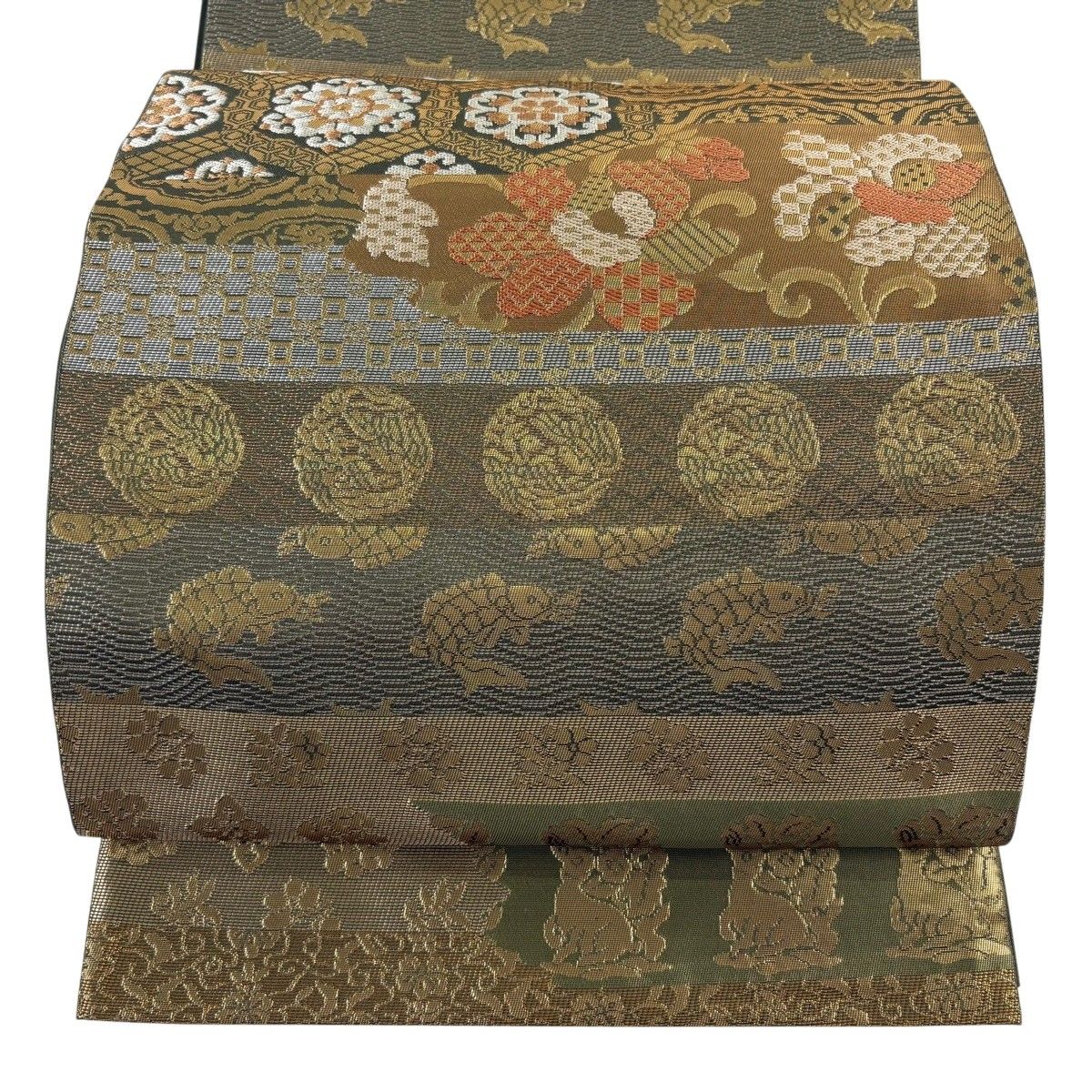 【美品】 袋帯 秀品 川島織物 落款 華文 花うさぎ 箔 刺繍 灰緑 六通 正絹 【中古】 6,248円