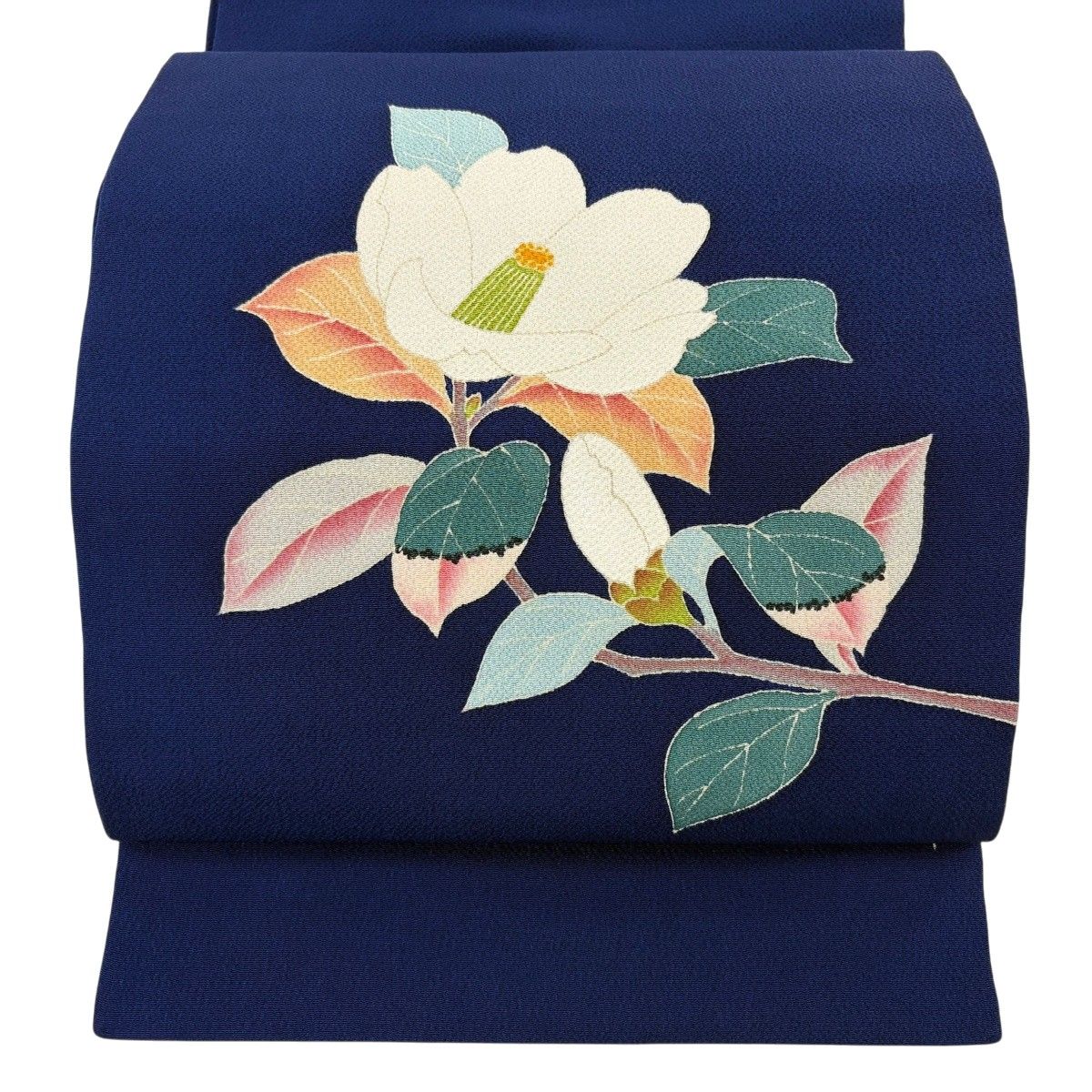 【美品】 開き名古屋帯 秀品 椿 縮緬 紺色 正絹 【中古】