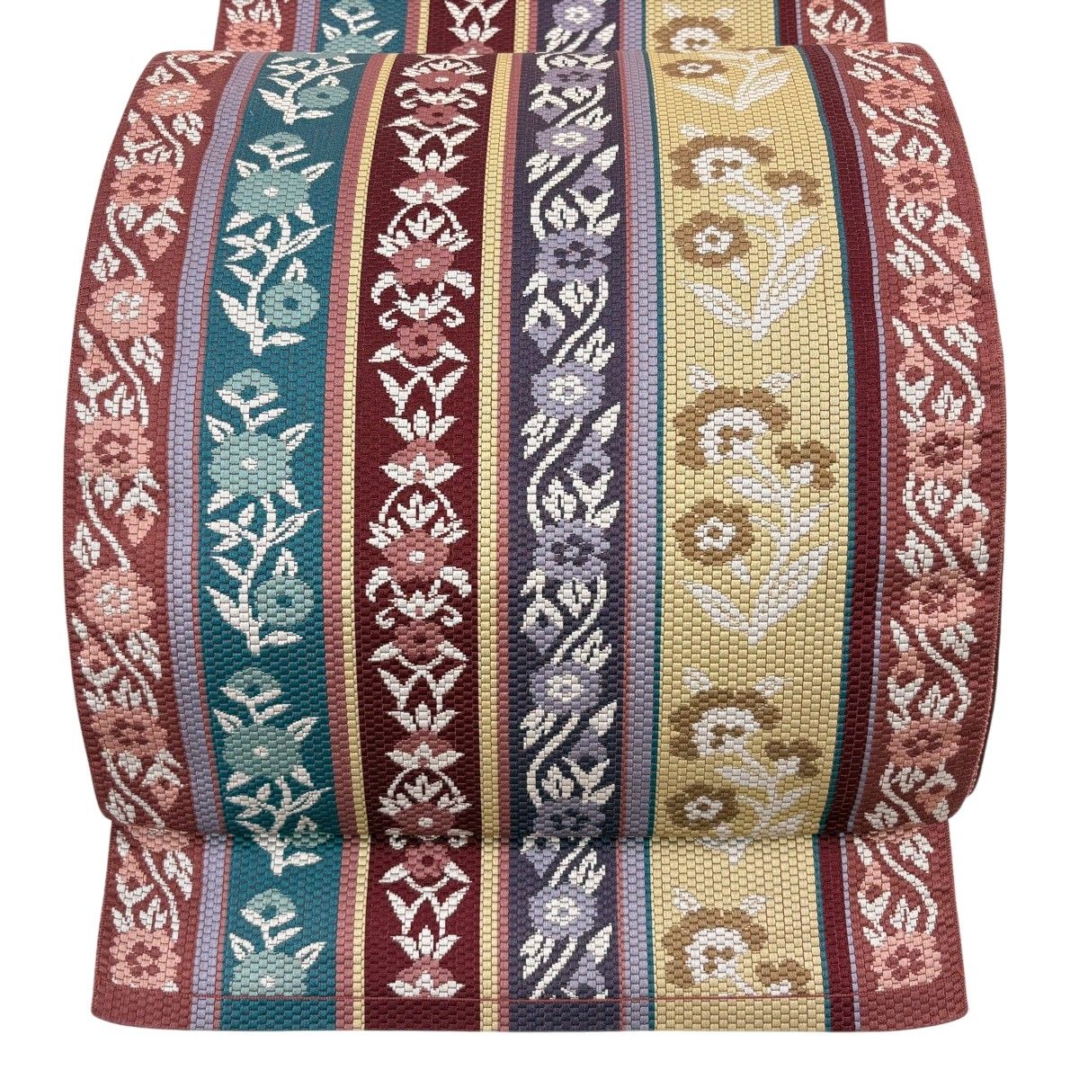 【美品】 名古屋帯 秀品 八寸名古屋帯 松葉仕立て 関西仕立て 縞 草花 ピンクベージュ 正絹 【中古】 8,732円