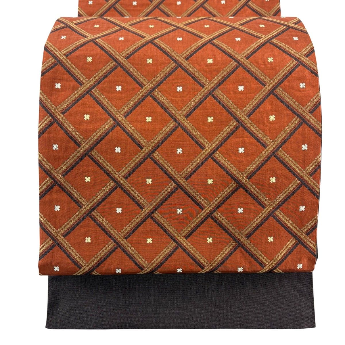 【美品】 袋帯 秀品 木屋太 落款 証紙 斜め格子 赤茶 六通 正絹 【中古】