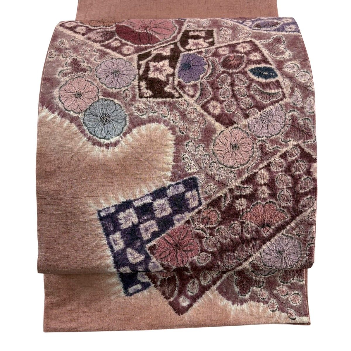【美品】 袋帯 秀品 紬地 辻が花 草花 絞り ピンク 六通 正絹 【中古】