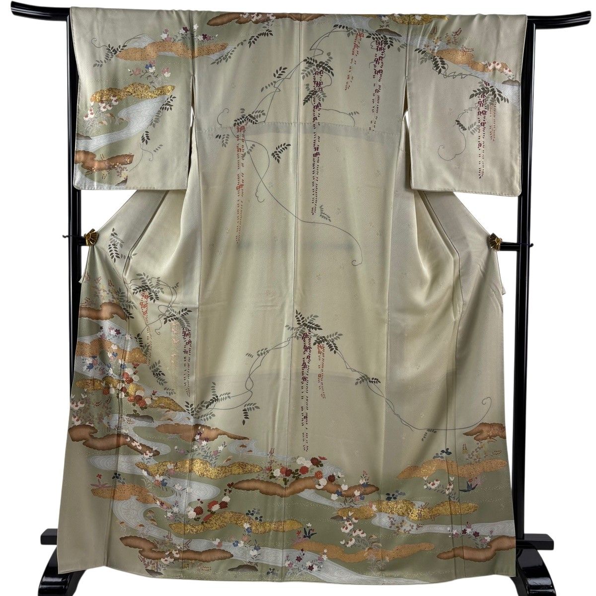 訪問着 身丈168cm 裄丈66cm M 袷 草花 雲文 金彩 ぼかし 薄緑 正絹 名品 【中古】 10,764円